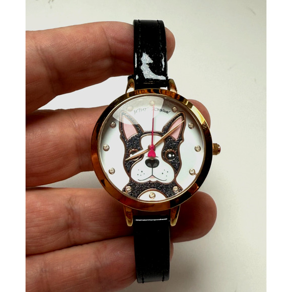 Betsey Johnson French Bulldog Frenchie Watch Gold Tone New Battery Works Black - Picture 2 of 7